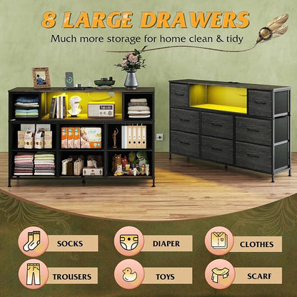 WLIVE Black Dresser TV Stand for 45, 50, 55 inch TV, Entertainment Center with LED Lights & Charging Station, Chest of Drawers with 8 Fabric Drawers and Open Shelves for Living Room, Hallway, Wood Top
