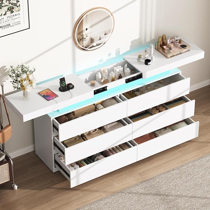 6 Drawer Dresser for Bedroom White Dresser with Hidden Sliding Desktop | Modern Double Wood Chest of Drawers for Closet w/ Charging Station LED RGB Lights Organizer Cabinet TV Stand for Living Room