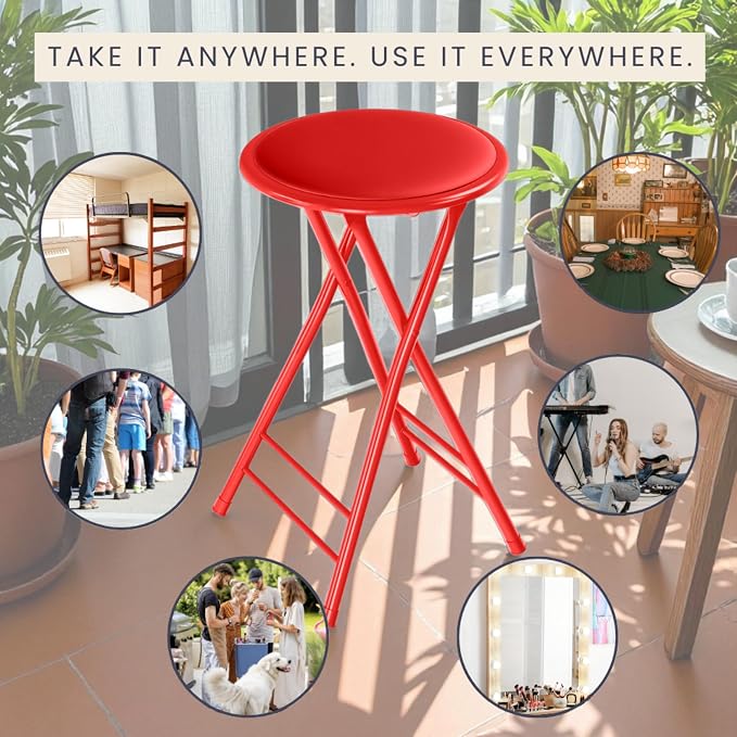 Lavish Home Folding Stool - Set of 4 Counter Height Bar Stools – 24-Inch Backless Folding Chairs with 225lb Capacity for Kitchen, Rec Room, or Game Room (Red)