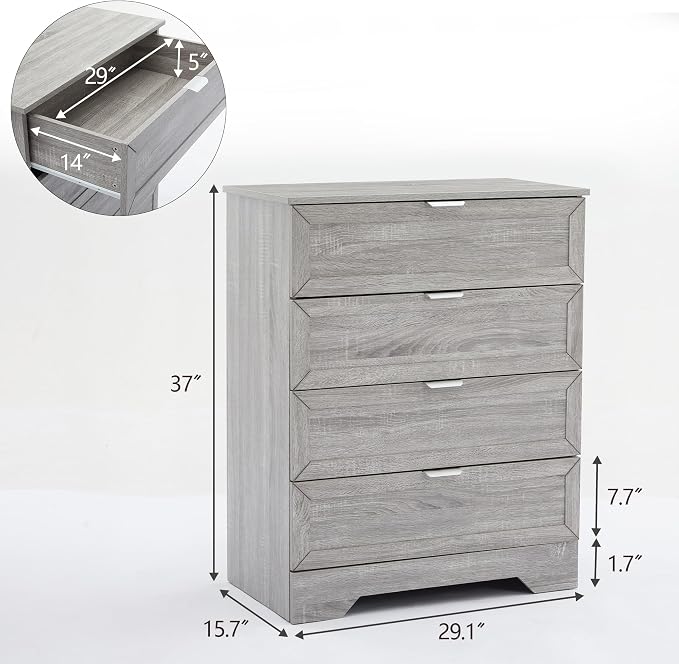 37-inch Tall Chest of Drawers, 4 Drawer Dresser for Bedroom, Grey Wood Dresser with Large Drawers, Modern Storage Cabinet for Closet, Living Room, Entryway, Wash Grey
