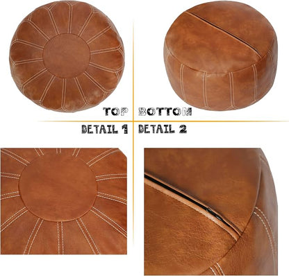 Thgonwid Unstuffed Moroccan Faux Leather Pouf Ottoman Cover with Storage - Boho Chic Multi-Use Footrest for Living Room, Bedroom, Patio - Round Ethnic Floor Cushion & Decorative Accent, Brown