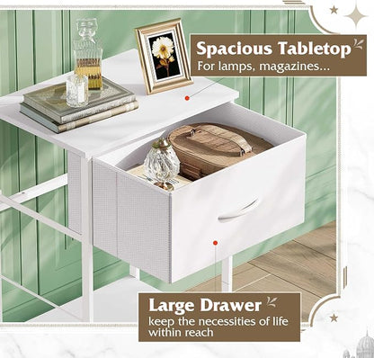 WLIVE Small White Nightstand with Drawer, Fabric Bedside Table, 25.03'' H | Night Stand with Wood Open Shelf, Small Bed Side Table for Bedroom, Dorm, Small Space, Easy Assembly
