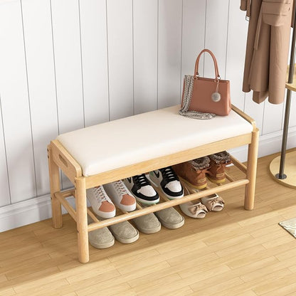 Entryway Shoe Storage Bench, 2-Tier Wood Shoe Rack with Cushion, Padded Seat Entryway Organizer with Shelf & Hidden Storage for Entry, Hallway, Living Room, Bedroom, Closet (Natural, 31.5")