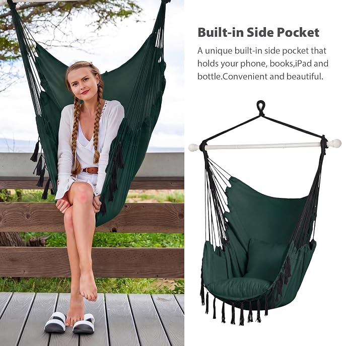 SUNCREAT Hammock Chair Hanging Rope Swing Seat-Max 450lbs Capacity, Extra Large Hanging Swing with Metal Support Bar, Side Pocket, Tassel, Green