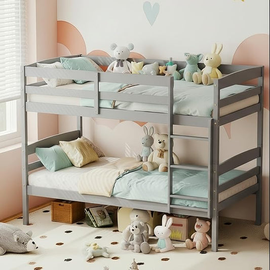 KOMFOTT Bunk Bed Twin Over Twin, Bed Frame w/Full-Length Guardrail & Integrated Ladder, Wood Bunk Bed for Small Space, Converts to 2 Individual Beds for Kids & Adults, No Box Spring Needed