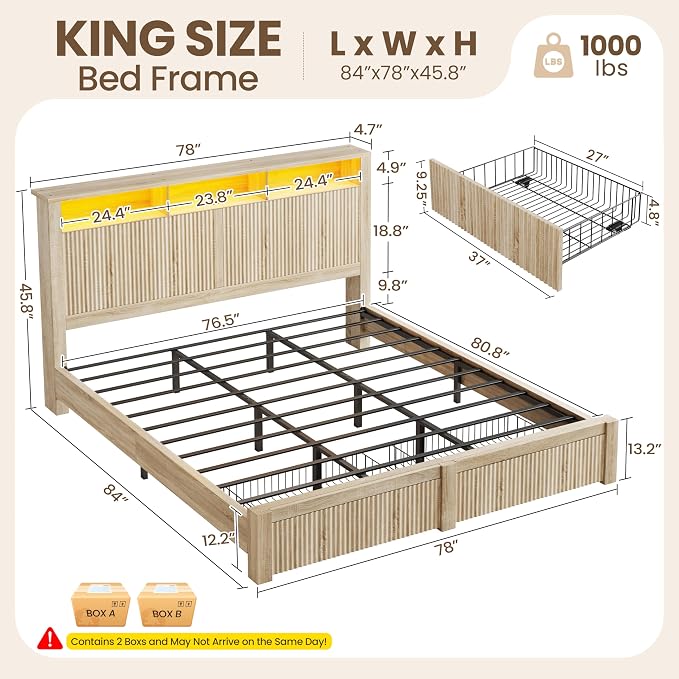 CypBed King Size Bed Frame with 2 Storage Drawers, Charging Port & LED Light, Wood King Bed Frame and 2-Tier Headboard,Farmhouse Wavy Design, Metal Platform, Noise-Free, No Box Spring Needed, Wood
