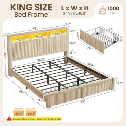 CypBed King Size Bed Frame with 2 Storage Drawers, Charging Port & LED Light, Wood King Bed Frame and 2-Tier Headboard,Farmhouse Wavy Design, Metal Platform, Noise-Free, No Box Spring Needed, Wood