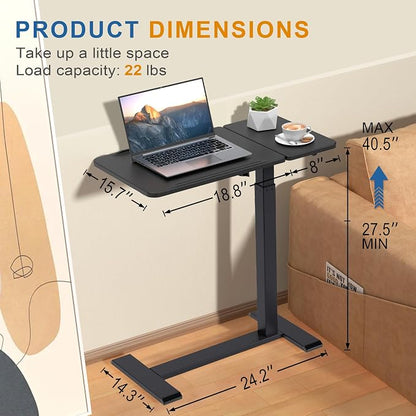Adjustable Overbed Bedside Table with Hidden Wheels, Pneumatic Tilt Board Rolling Laptop Standing Desk Cart, Mobile Over Bed Sofa Chair Side End Tables, Walnut (Black)