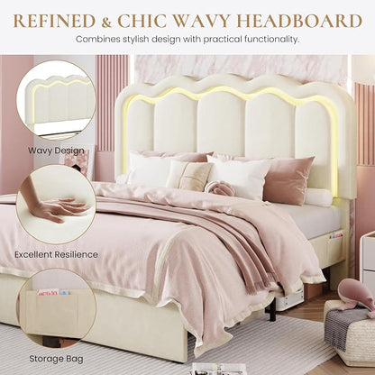 SHA CERLIN Upholstered Queen Size Bed Frame with LED Lights and Large Storage Drawer, Velvet Platform Bed with Adjustable Wavy Headboard, Noise Free, Easy Assembly, No Box Spring Needed, Soft Cream