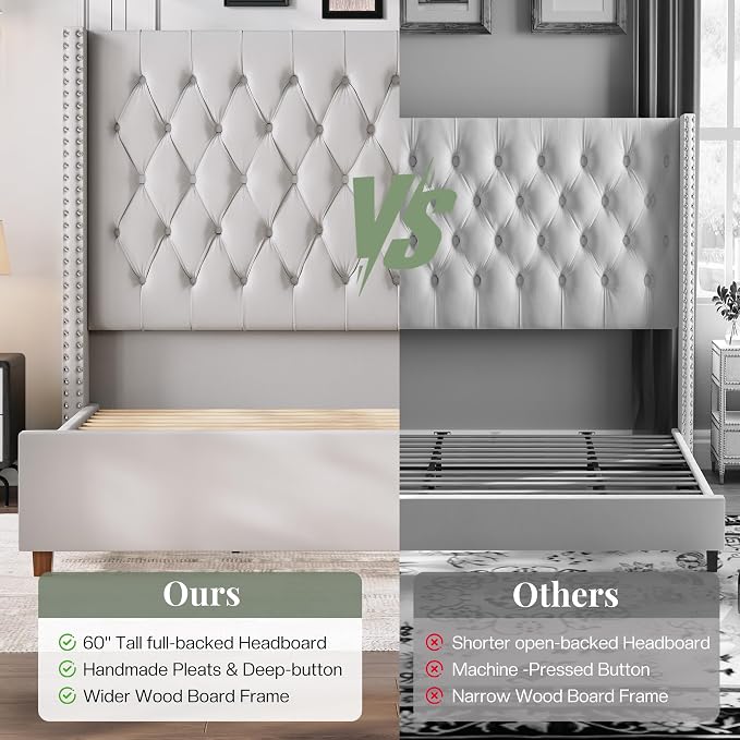 Jocisland King Bed Frame 61.4" Tall Headboard Velvet upholstered,Cream | Full Back Support Wingback Headboard,Deep Button Tufted Hand-crafted Pleats,Squeak-Free Sleep,Solid Wood Legs,Easy Assembly
