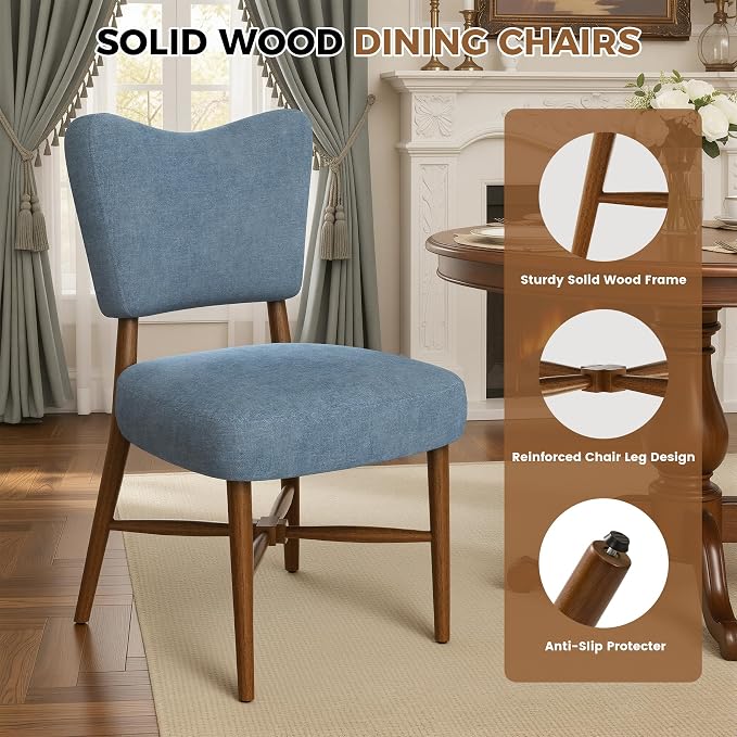 Farmhouse Dining Chairs Set of 2, Linen Seat, Wood Legs, Blue | Mid Century Modern, Upholstered Padded Cushion, Solid Wood Cross-Brace, Easy 15-Min Assembly, Kitchen Dining Room