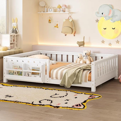 Bellemave White Montessori Floor Bed with Fence and Slats, Full Size Montessori Floor Bed with Bookcase and High Rails, Easy Assemble Bed Frame for Girls, Boys, Full