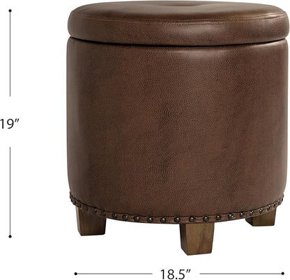 HomePop 18.5" Round Storage Ottoman with Nailheads - Brown Faux Leather