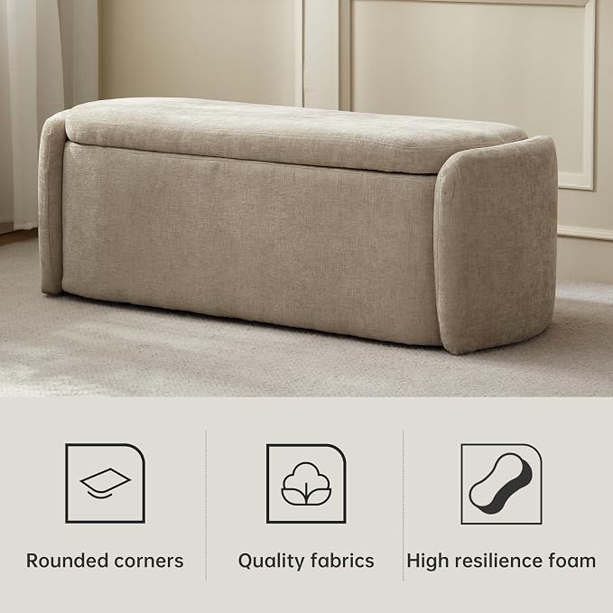 VKNOW 46" Oval Storage Ottoman Bench, Upholstered End of Bed Bench Ottomans Bench Foot Rest, Sherpa Storage Bench for Bedroom, Living Room and Hallway, Light Brown