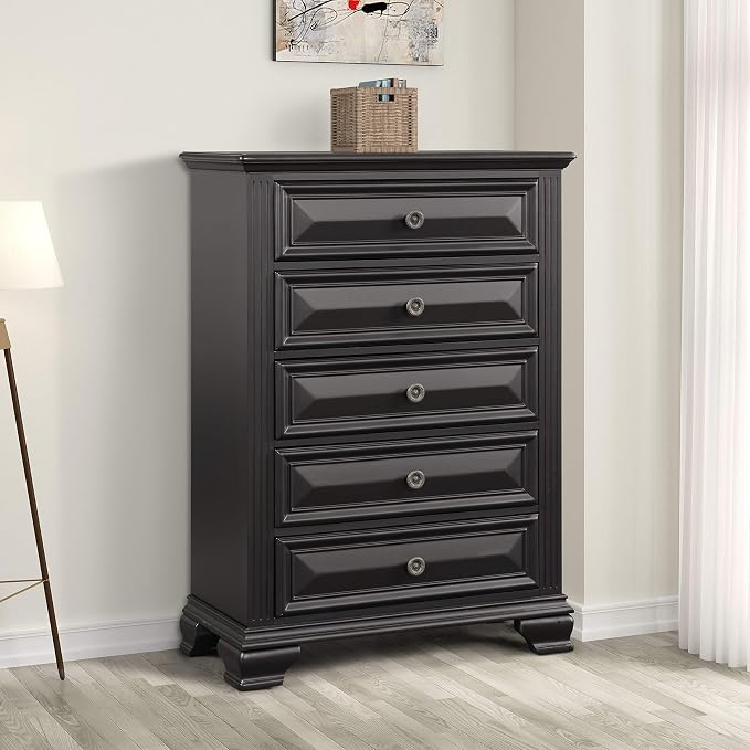 Roundhill Furniture Renova Vintage Black Wood Bedroom Set, King Panel Bed, Dresser, Mirror, Nightstand, Chest