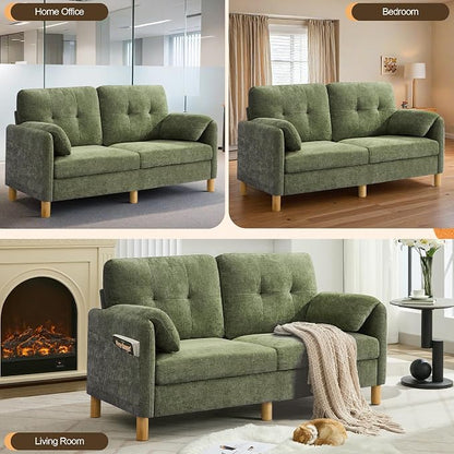 WUTUTUEE 65" Chenille Modern Loveseat Sofa, Upholstered 2-Seater Love Seat Couch with Armrest Pillows, Storage Pockets, Easy Assembly, Tufted Loveseat Couches for Living Room Bedroom, Green