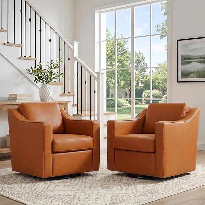 Swivel Accent Chair, Modern Round Barrel Arm Chair for Living Room, Bedroom, Comfy Club Reading Chairs for Adults (Leather Brown, Set of 2)