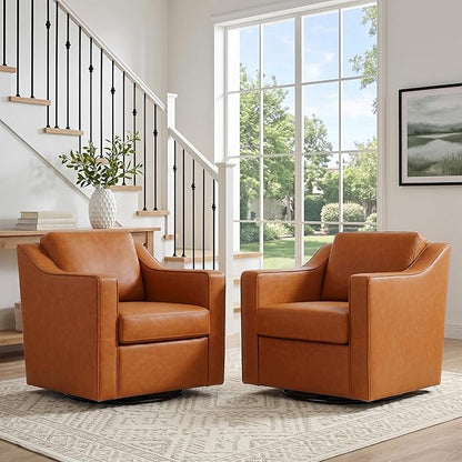Swivel Accent Chair, Modern Round Barrel Arm Chair for Living Room, Bedroom, Comfy Club Reading Chairs for Adults (Leather Brown, Set of 2)