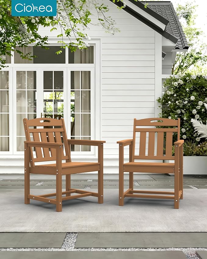 Ciokea Outdoor Patio Dining Chair Set of 2, HDPE Porch Chairs for Dining Table, All-Weather Durable Outdoor Furniture for Backyard, Poolside, Lawn & Garden, Teak