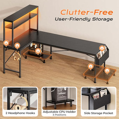 PRAISUN L Shaped Gaming Desk with LED Lights & Power Outlets, Reversible Computer Desk with Storage Shelves & Bag, Large Corner Home Office Desk with Pegboard for Work from Home, Black