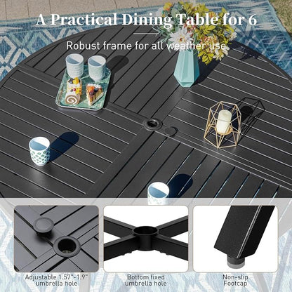 Patio Dining Set 7 Piece, 6 x Woven Rattan Swivel Chairs with Waterproof Cushion, 54” Metal Round Dining Table with Umbrella Hole, Outdoor Table and Chairs Set for Backyard Lawn and Deck,Beige