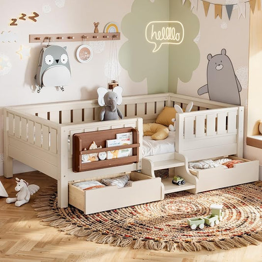 Bellemave Twin Size Kids Montessori Bed with Stairs and Bookshelf,Solid Wood Twin Size Kids Bed Frame with Drawers and Storage for Girls Boys,Low-Profile,Beige