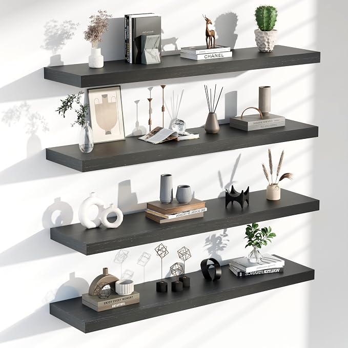 Floating Shelves for Wall, 48 Inch Extra Long Black Wall Shelves, Set of 4, Hanging Invisible Brackets Floating Shelves for Living Room,Bedroom,and Kitchen