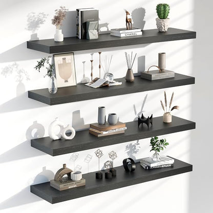 Floating Shelves for Wall, 48 Inch Extra Long Black Wall Shelves, Set of 4, Hanging Invisible Brackets Floating Shelves for Living Room,Bedroom,and Kitchen