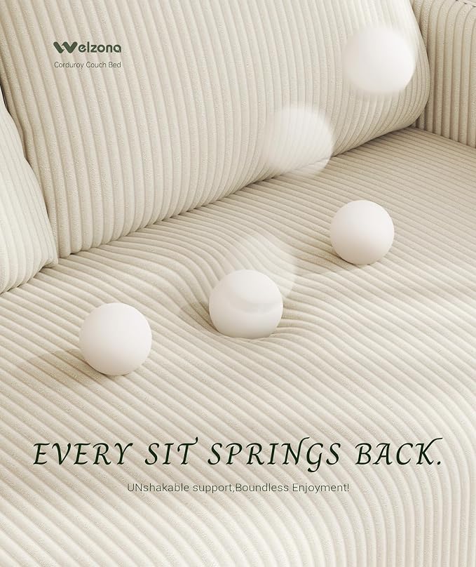 Welzona 47.2" Convertible Sofa Bed Couch, Comfy Corduroy Loveseat Sleeper Sofa, 620lbs Capacity Couch Bed, Easy Setup Love Seat Sleeper Bed 2 Pillows, Small Couches for Living Room/Office, Ivory White