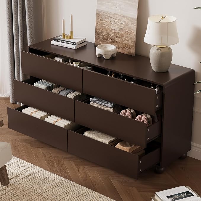 MAISONARIA Mid-Century 3-Piece Dresser Bedroom Set, 6 Drawer Dresser & 2 Drawer Nightstands with Curved Profile Design & Handle Free, Wood Chest of Drawers for Bedroom, Living Room, Hallway, Brown