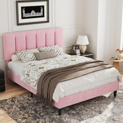 VECELO Full Size Bed Frame with Upholstered Headboard, Heavy-Duty Platform Bedframe with Strong Wooden Slats Support, No Boxing Spring Needed, Velvet & Pink