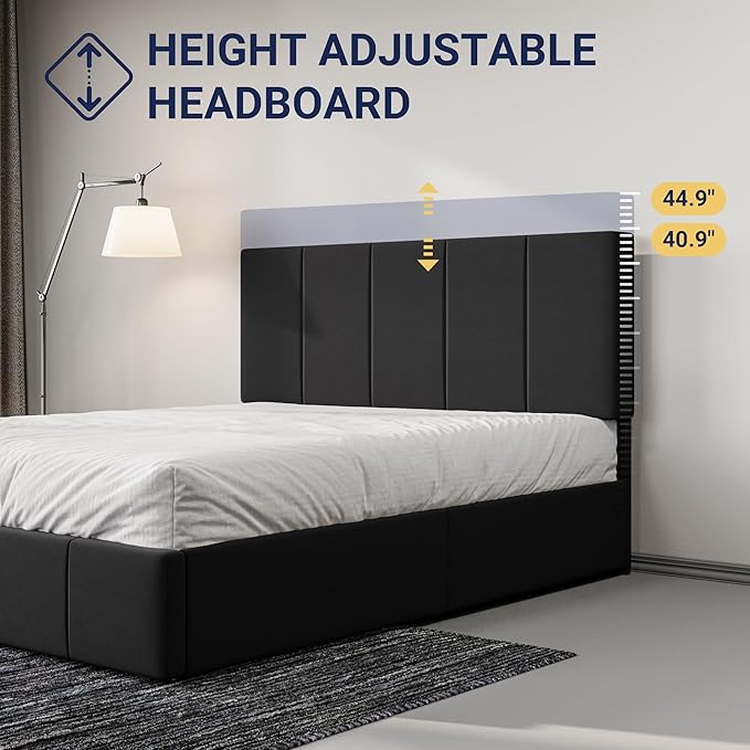 Allewie Queen Size Dutch Velvet Upholstered Platform Bed Frame/Vertical Channel Tufted Adjustable Headboard/Low Profile Bed Frame/No Box Spring Needed/Easy Assembly/Black