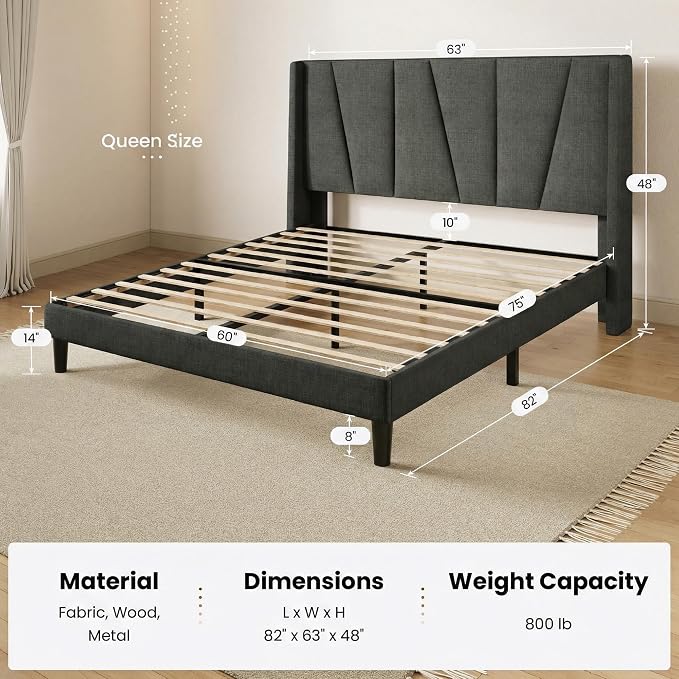 SHA CERLIN Queen Size Bed Frame with Geometric Wingback Headboard, Upholstered Platform Bed with Wooden Slats Support, 8" Under-Bed Space, No Box Spring Needed, Easy Assembly, Grey