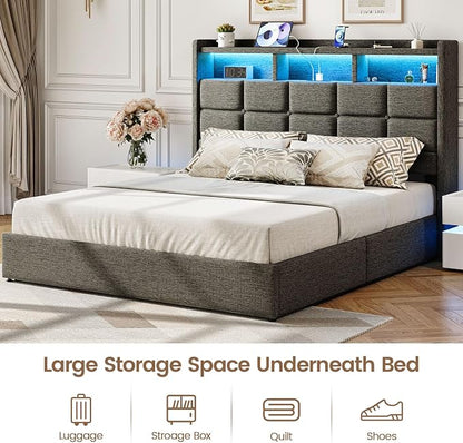 Driftalia Lift Up Full Size Bed Frame with Storage, Upholstered Full Bed Frame with LED Lights Headboard and Charging Station, No Box Spring Needed, Easy Assembly - Dark Grey
