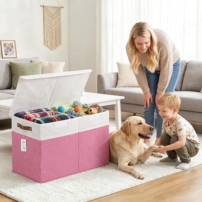 Bagnizer Large Toy Storage Box with Lids, Collapsible Sturdy Baby Storage Organizer Chest Bin Basket for Kids, Boys, Girls, Playroom, Nursery, Bedroom, Closet 25"x13"x16" (Pink and White)