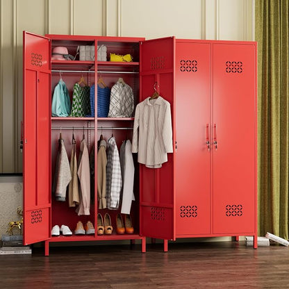 SUPEER 2 Door Red Metal Storage Locker Wardrobe Cabinet | 71 in metal wardrobe cabinet with lock, adjustable shelves, and hanging rods for home, office, garage, gym, or staff storage.