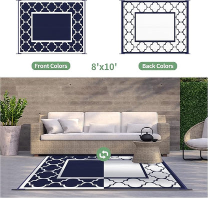 GENIMO Outdoor Rug 8' x 10' Patio Waterproof, Foldable Reversible Plastic Straw Area Rugs Mat for Camper Decor, Outside Carpet for Rv, Deck, Porch, Picnic, Beach, Balcony, Blue & White