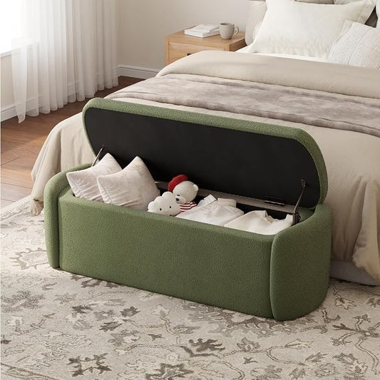 VKNOW 51" Storage Ottoman Bench, Upholstered End of Bed Bench with Smooth Hinges, Oval Large Ottoman Bench for Bedroom, Living Room and Hallway Entryway, Green