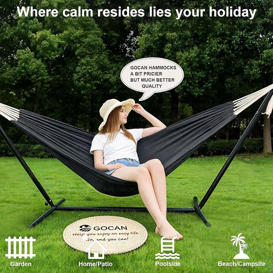 GOCAN Hammock Outdoor 2 People 220x150cm Total Length 330cm Load 300kg Canvas Cotton Hammock for Garden Indoor Children Balcony Dark Gray XXL