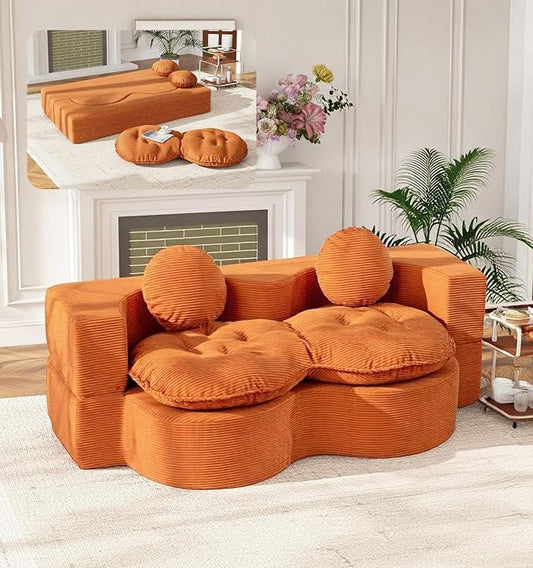 75” Full Size Convertible Sleeper Sofa Bed, Boneless Folding Futon Loveseat Sofa with 2 Pillows, High Density Foam Compressed Foldable Guest Couch for Living Room Apartment (Orange Corduroy)