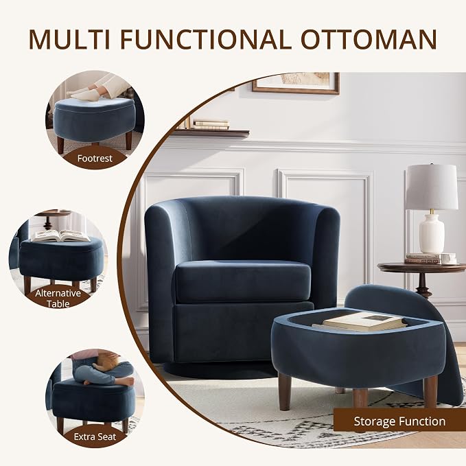 Swivel Accent Chair with Storage Ottoman Set of 2, Small Modern Velvet Barrel Chair, Upholstered Armchair with Footrest for Living Room/Reading/Bedroom, 24.8'' D x 25.38'' W x 25.6'' H, Blue