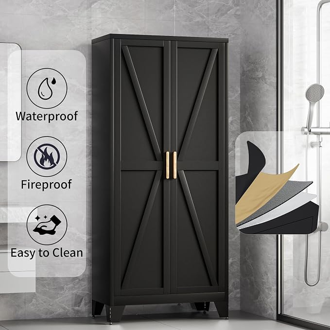 Baborokic 61H Metal Storage Cabinet with 2 Doors and Adjustable Shelves,Farmhouse Storage Cabinet with Barn Doors,Pantry Storage for Home,Office,Dining Room,Kitchen(Black)