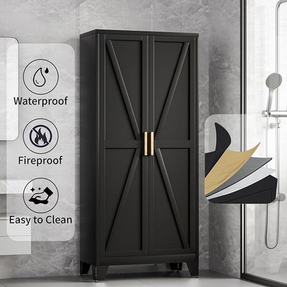 Baborokic 61H Metal Storage Cabinet with 2 Doors and Adjustable Shelves,Farmhouse Storage Cabinet with Barn Doors,Pantry Storage for Home,Office,Dining Room,Kitchen(Black)