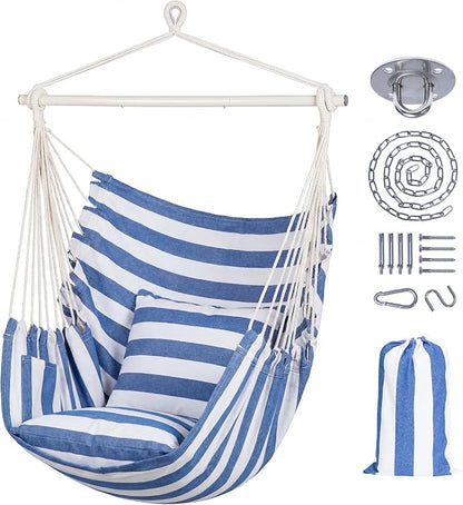 SUNCREAT Hammock Chairs Hammock Chair Swing with Steel Support Bar, Side Pocket, Large Swing Chair for Bedroom, Patio, Garden, Blue & White