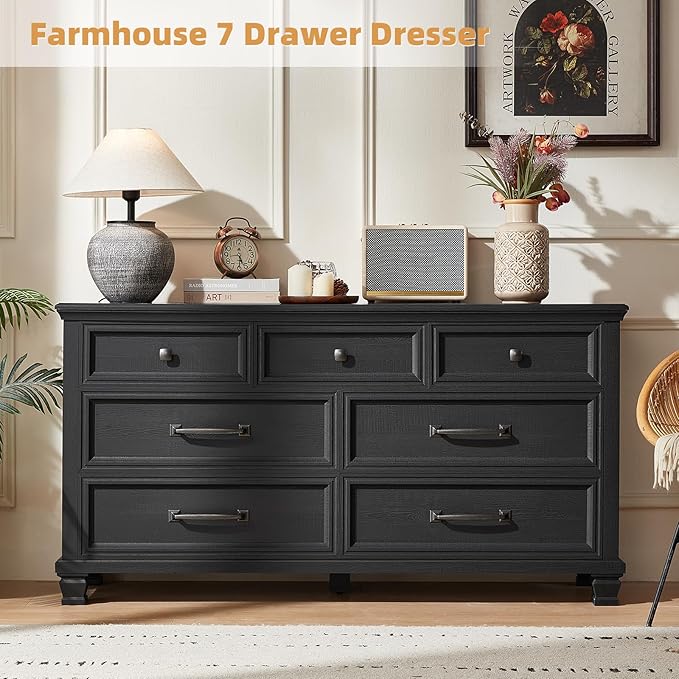 SAVOR LIFE Farmhouse 7 Drawer Dresser for Bedroom, 54” Wood Dresser for Closet, Large Rustic Wooden Dressers, Chest of Drawers for Bedroom, Hallway, Entryway, Black