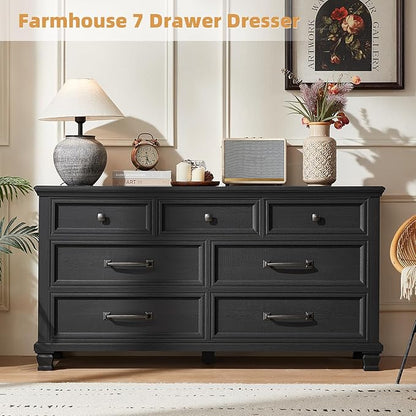 SAVOR LIFE Farmhouse 7 Drawer Dresser for Bedroom, 54” Wood Dresser for Closet, Large Rustic Wooden Dressers, Chest of Drawers for Bedroom, Hallway, Entryway, Black