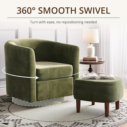 Swivel Accent Chair with Storage Ottoman Set of 2, Small Modern Velvet Barrel Chair, Upholstered Armchair with Footrest for Living Room/Reading/Bedroom, 24.8'' D x 25.38'' W x 25.6'' H, Green