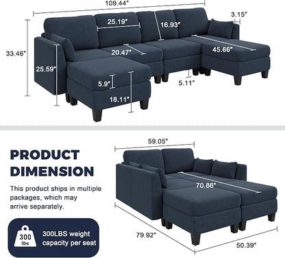 Modular Sectional Sofa, 6 Seaters Modular Sleeper Sofa Couch, Comfy Sectionals Couches Bed, Convertible Sofas with Ottomans, Sectional Couches for Living Room, Blue