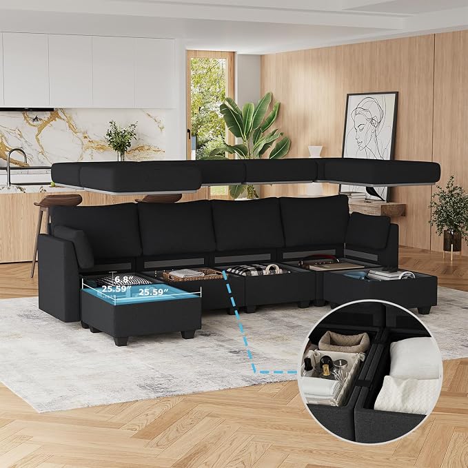 Huatean Home 114.17" Modular Sectional Sofa, 6 Seat Sectional Couches with Storage, Memory Foam, Convertible Modular Couch for Living Room, U Shaped Comfy Modular Sofa with Chaise, Black