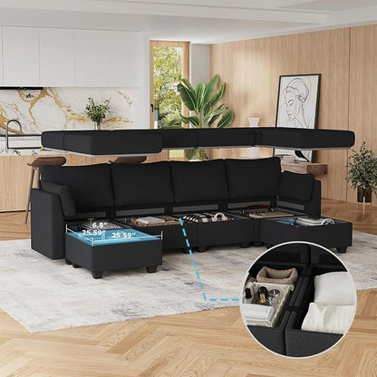Huatean Home 114.17" Modular Sectional Sofa, 6 Seat Sectional Couches with Storage, Memory Foam, Convertible Modular Couch for Living Room, U Shaped Comfy Modular Sofa with Chaise, Black